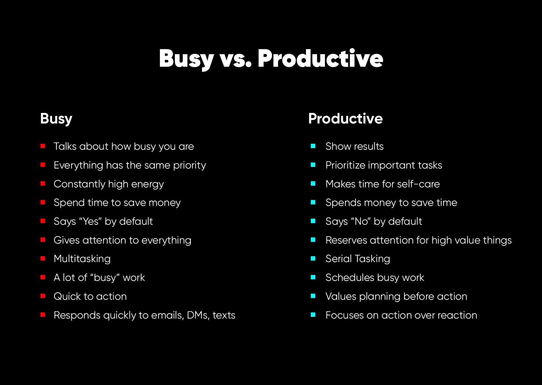 Busy versus Productive person comparison chart
